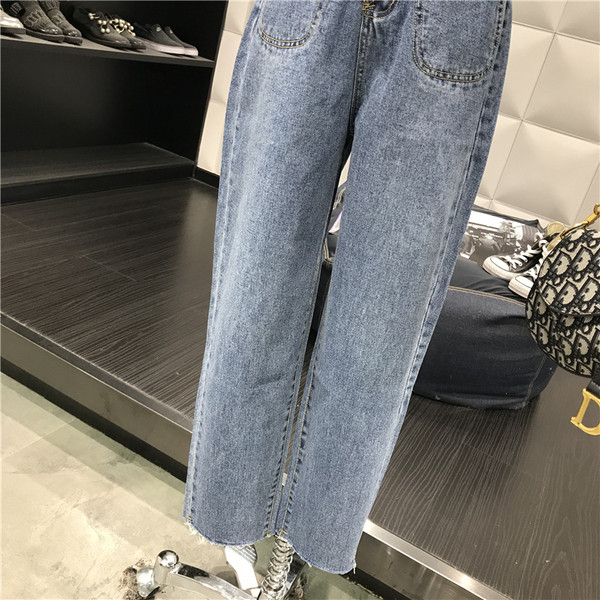 Дамски дънки в син цвят прав модел с висока талия