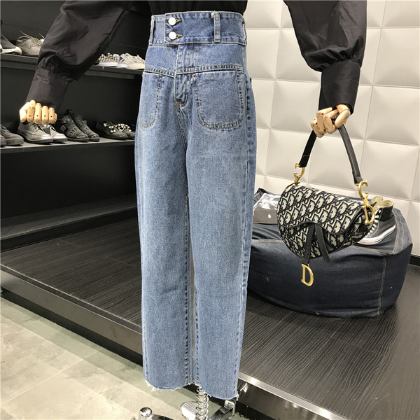 Дамски дънки в син цвят прав модел с висока талия