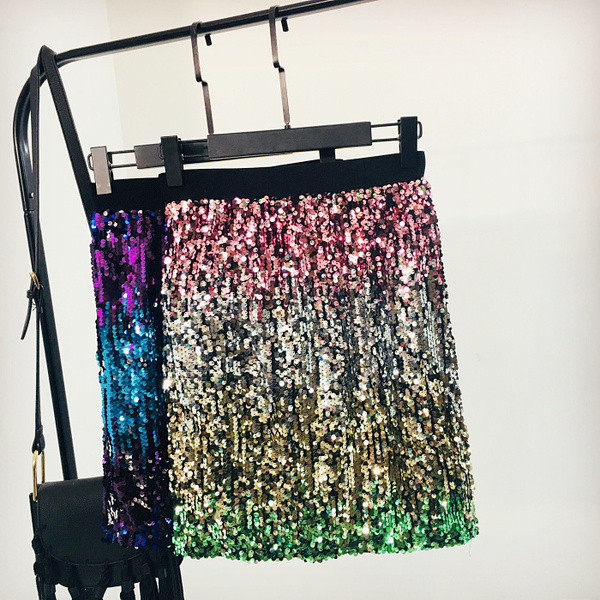 Дамска пола с цветни пайети и еластична висока талия 