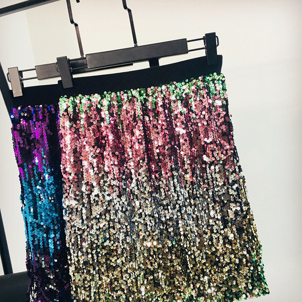 Дамска пола с цветни пайети и еластична висока талия 