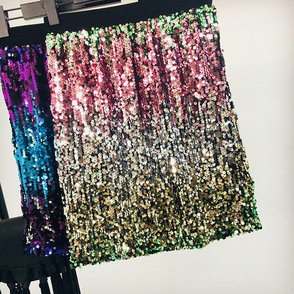 Дамска пола с цветни пайети и еластична висока талия 