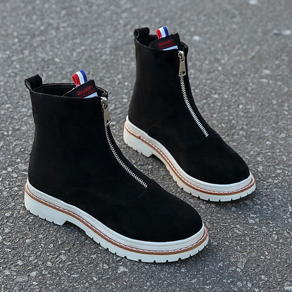 Модерни дамски боти с цип и равна подметка от еко велур