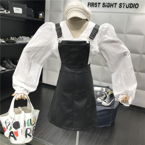 Модерен дамски сукман от еко кожа в черен и кафяв цвят