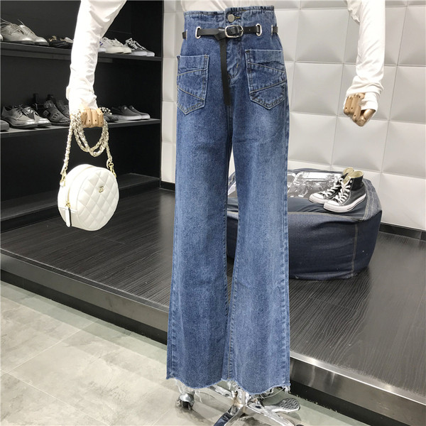 Актуални дамски дънки широк модел с колан в син цвят