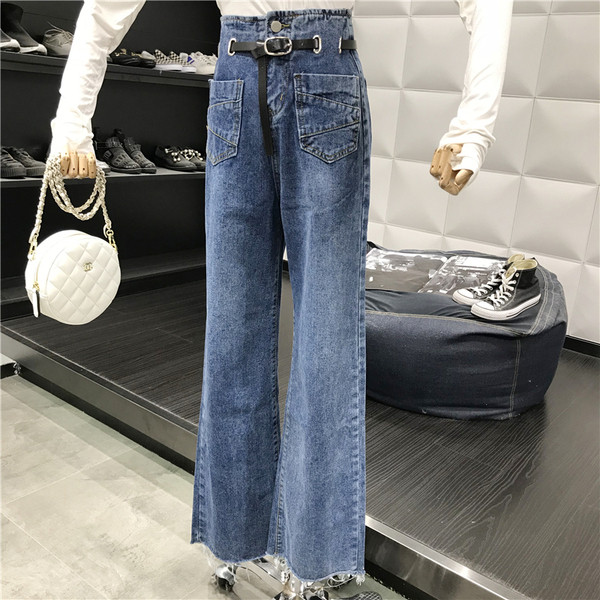 Актуални дамски дънки широк модел с колан в син цвят