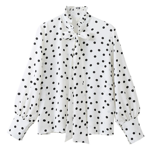 Модерна дамска риза с поло яка на точки в бял и черен цвят