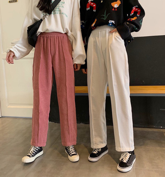 Pantaloni casual dama in doua culori roz si alb