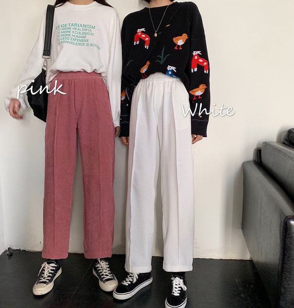 Pantaloni casual dama in doua culori roz si alb