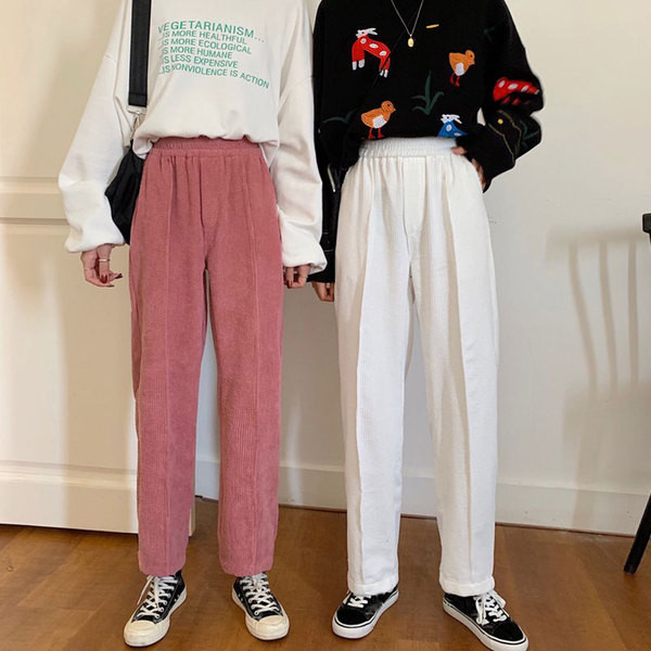 Pantaloni casual dama in doua culori roz si alb