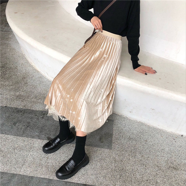 Fusta casual de dama plisata in doua culori cu dantela