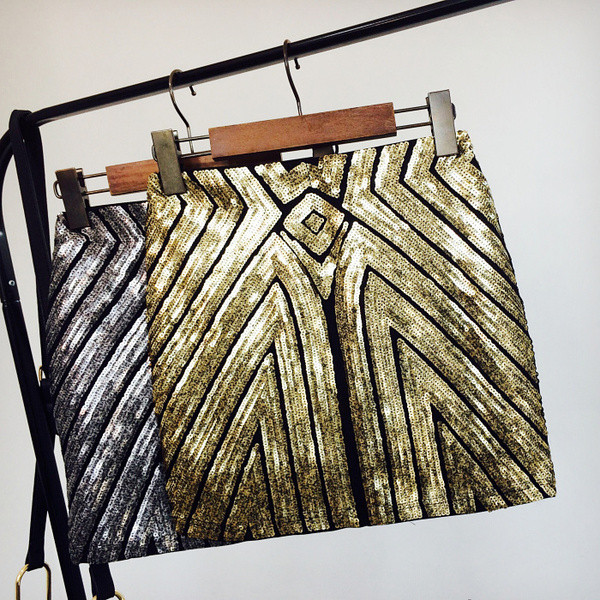 Fusta de dama eleganta cu talie inalta si paiete in doua culori