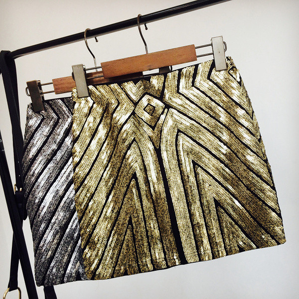 Fusta de dama eleganta cu talie inalta si paiete in doua culori