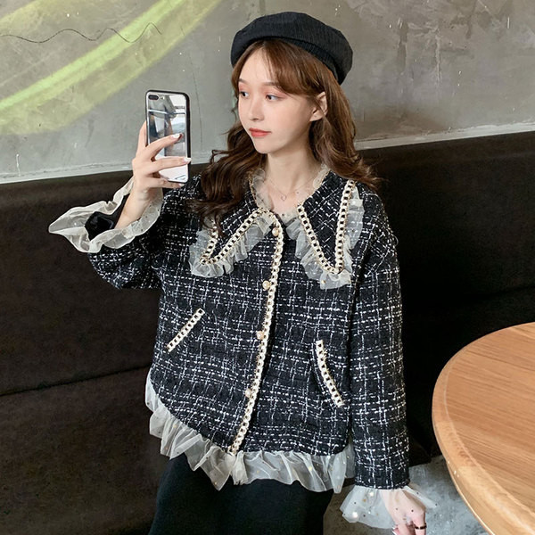 Palton scurt de damă elegant în carouri cu tul