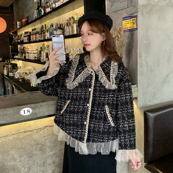 Palton scurt de damă elegant în carouri cu tul