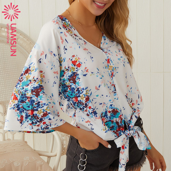 Bluză de damă modernă cu mâneci 3/4 și decolteu spitz în trei culori