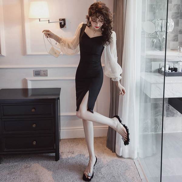 Rochie de dama actuala model nou cu maneci din tul si decolteu spitz