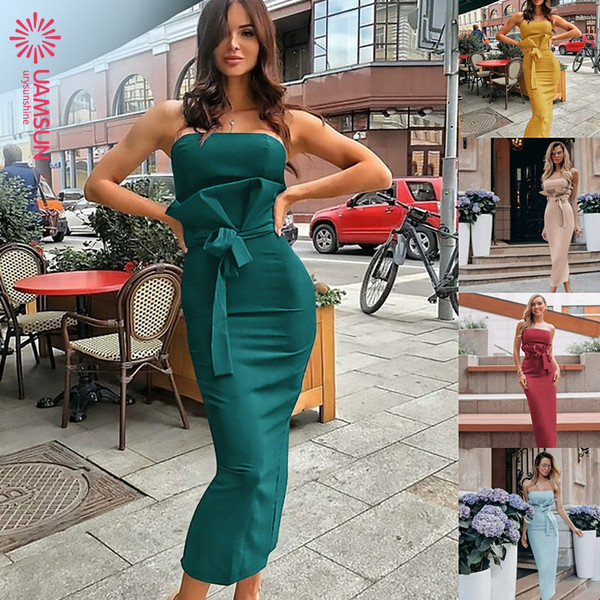 Елегантна дамска дълга рокля с голи рамене и панделка в няколко цвята 