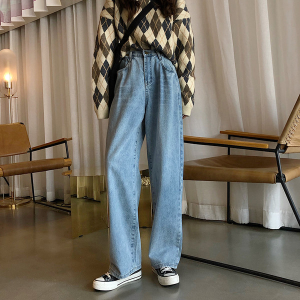 Ежедневни дамски дънки в два цвята с висока талия широк модел