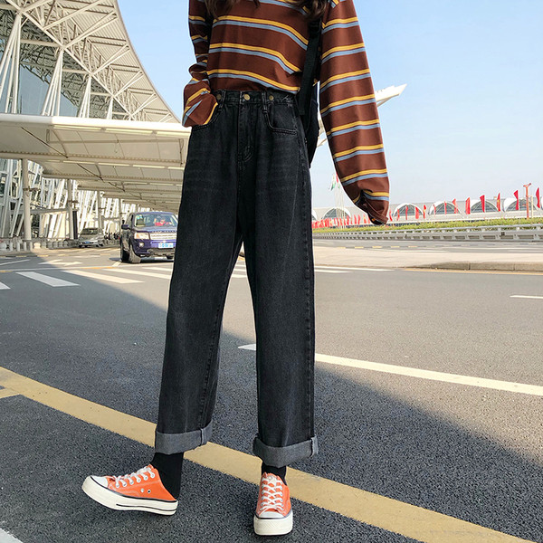 Ежедневни дамски дънки в два цвята с висока талия широк модел