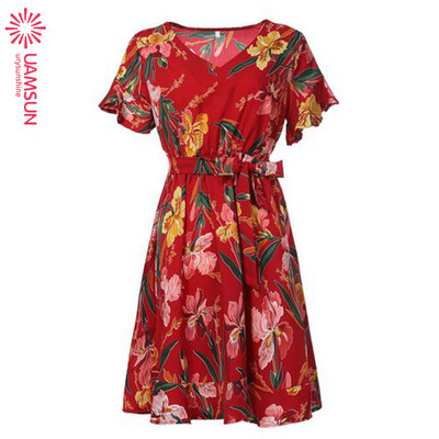 Casual  γυναικείο φόρεμα  με βαθύ λαιμόκοψη και floral μοτίβο σε διάφορα χρώματα