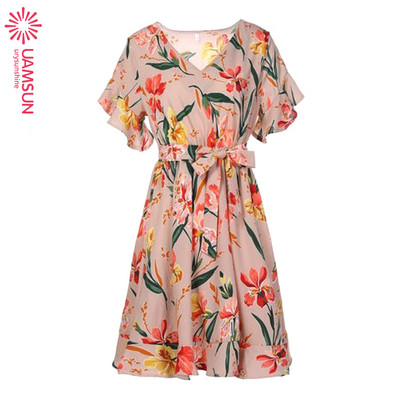 Casual  γυναικείο φόρεμα  με βαθύ λαιμόκοψη και floral μοτίβο σε διάφορα χρώματα