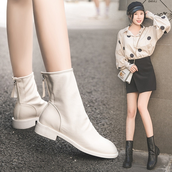 Ежедневни дамски боти с цип в бежов и черен цвят