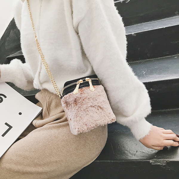 Geantă de pluș de damă cu mâner lung și fermoar