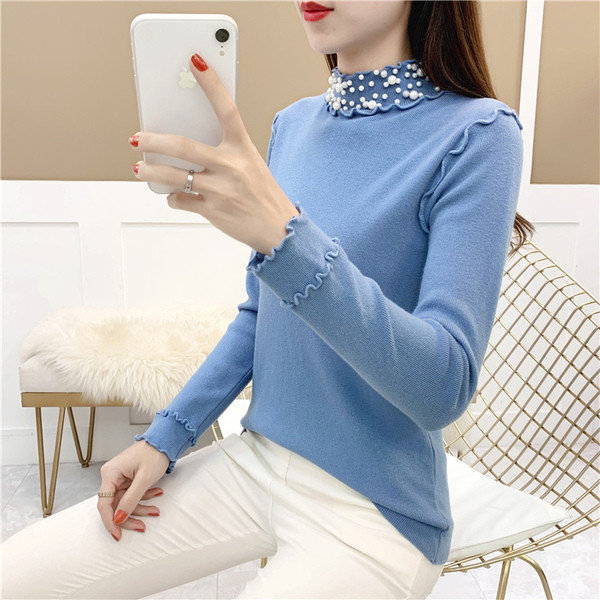 Pulover de dama model nou cu guler polo si perle in mai multe culori