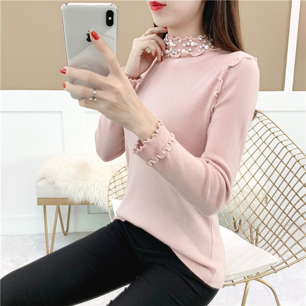 Pulover de dama model nou cu guler polo si perle in mai multe culori