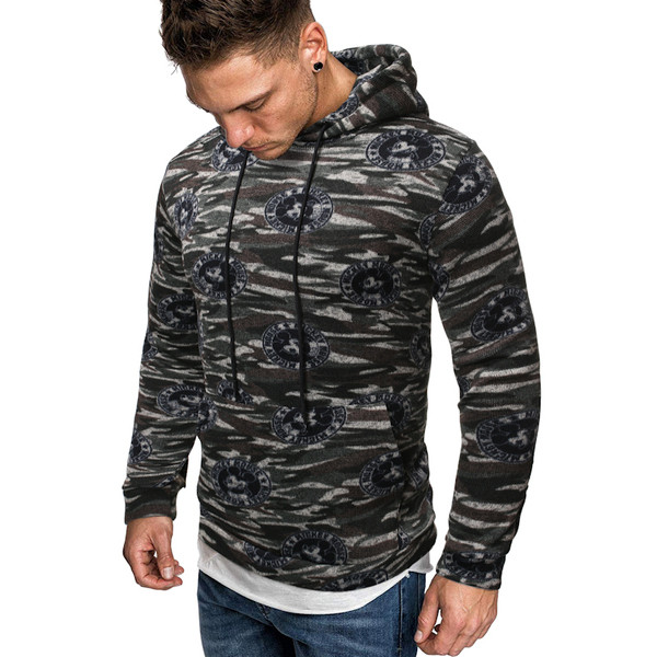 Hanorac de zi cu zi pentru bărbați cu glugă și model de camuflaj în verde