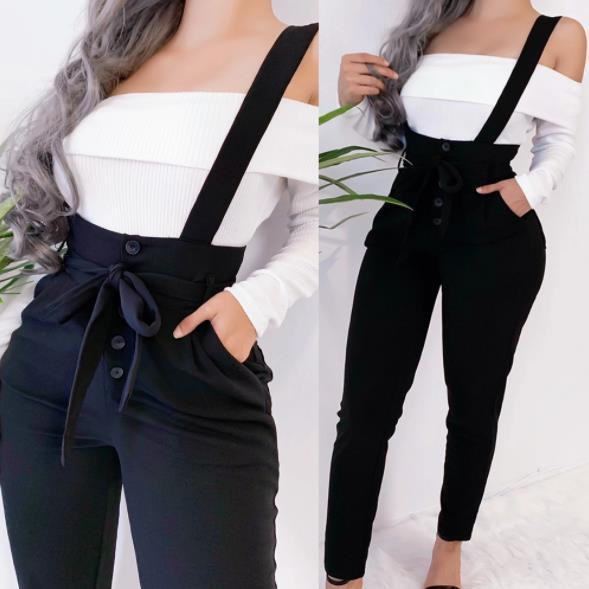 Salopetă de damă modernă cu curea de culoare neagră