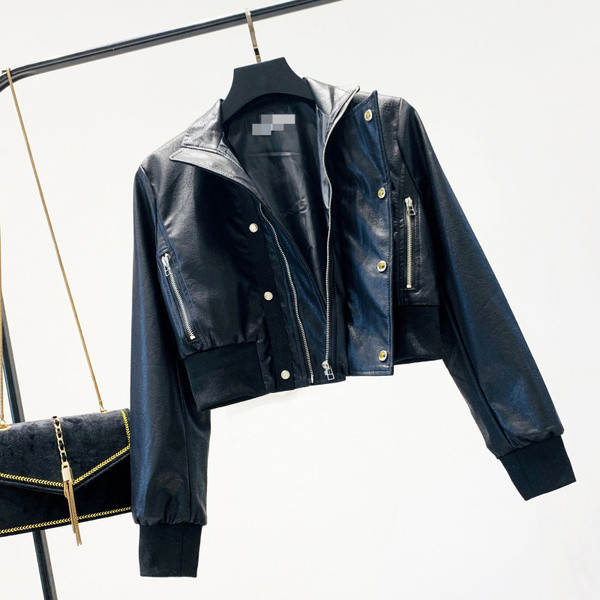 Geaca de dama piele cu fermoar si nasturi - model scurt de culoare neagra