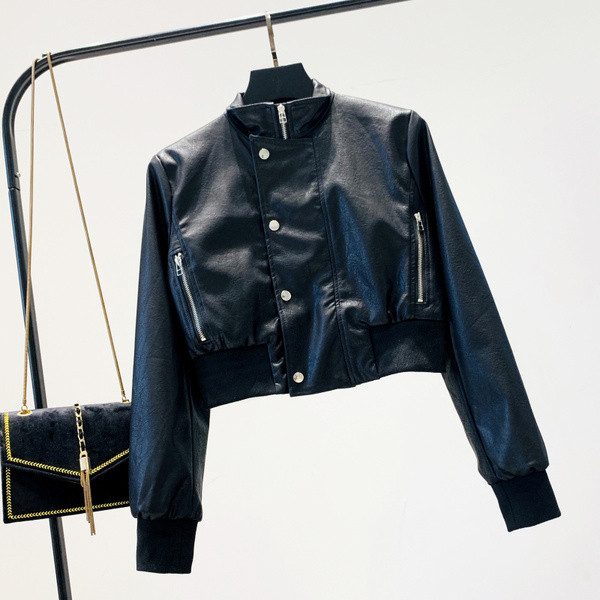 Geaca de dama piele cu fermoar si nasturi - model scurt de culoare neagra