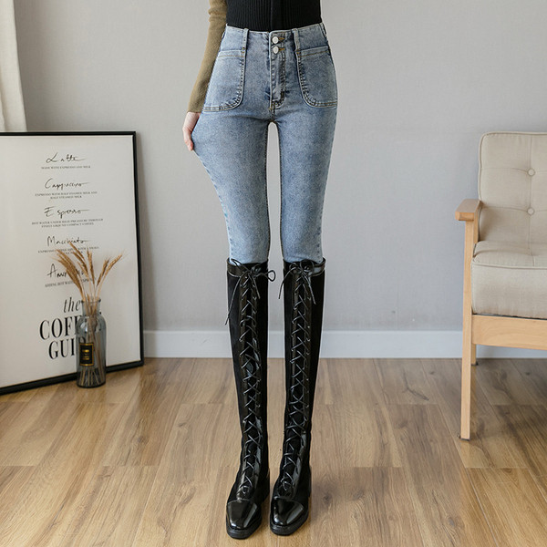 Model nou de blugi de dama moderni cu talie inalta in albastru si gri