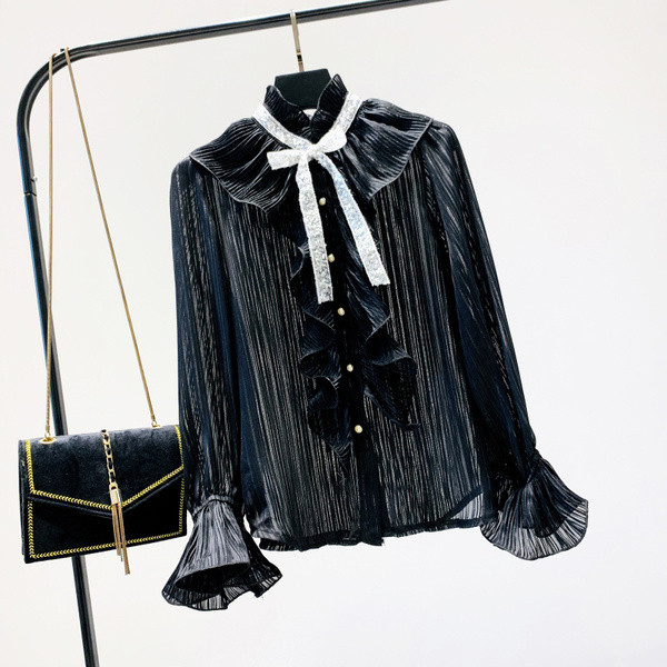 Cămașă elegantă de damă cu efect strălucitor în negru, alb și bej