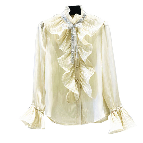 Cămașă elegantă de damă cu efect strălucitor în negru, alb și bej