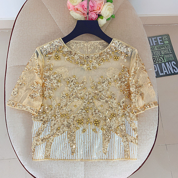 Bluză de damă actuală cu mâneci scurte și paiete în trei culori