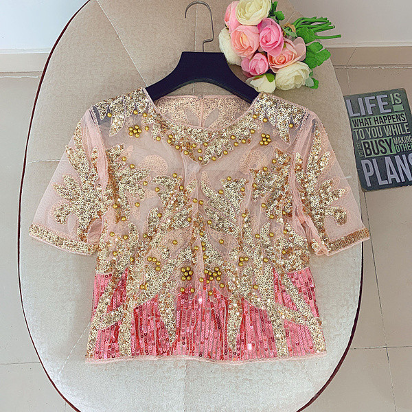 Bluză de damă actuală cu mâneci scurte și paiete în trei culori