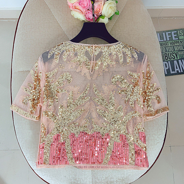 Bluză de damă actuală cu mâneci scurte și paiete în trei culori