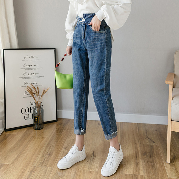 Model nou de blugi de dama cu talie inalta in culorile gri si albastru