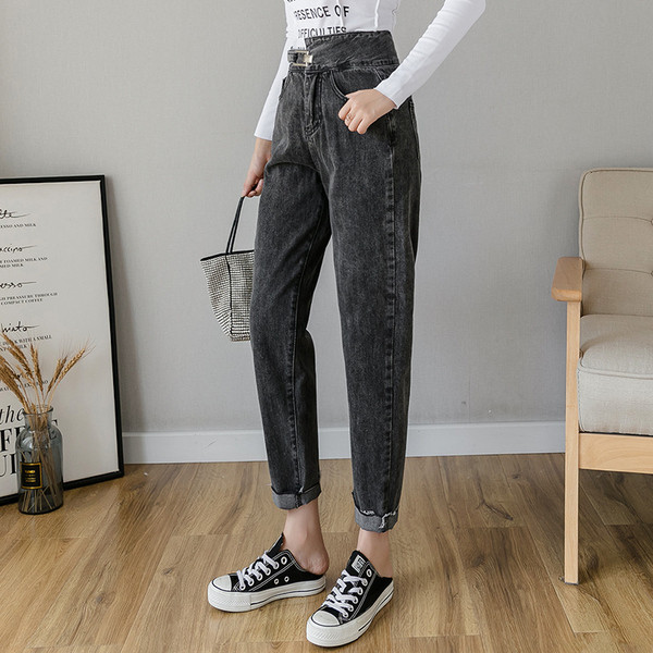 Model nou de blugi de dama cu talie inalta in culorile gri si albastru