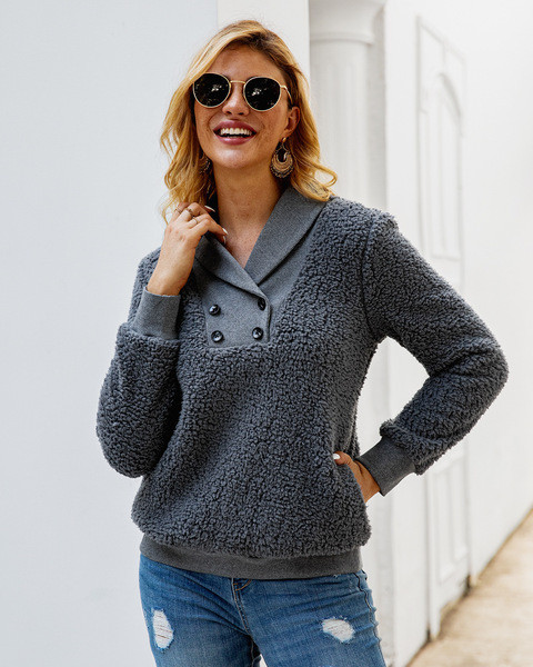 Pulover casual de dama cu nasturi in roz si gri