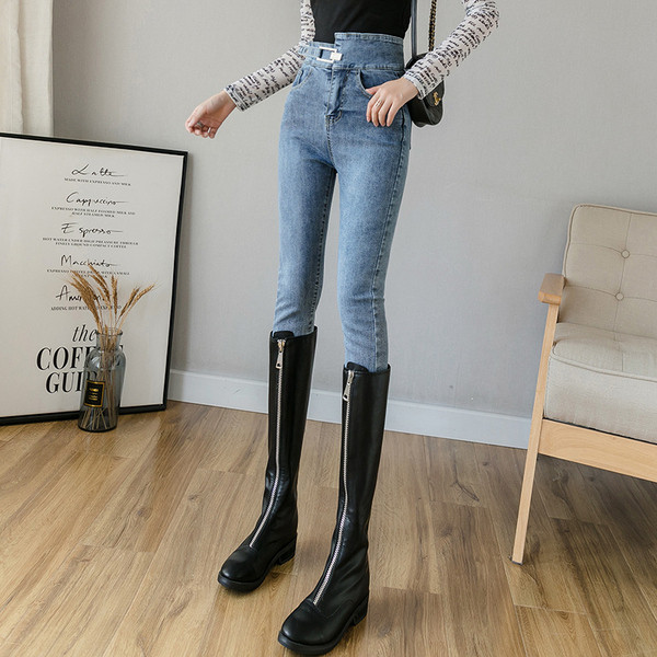 Model nou de blugi de dama cu talie inalta de culoare albastra