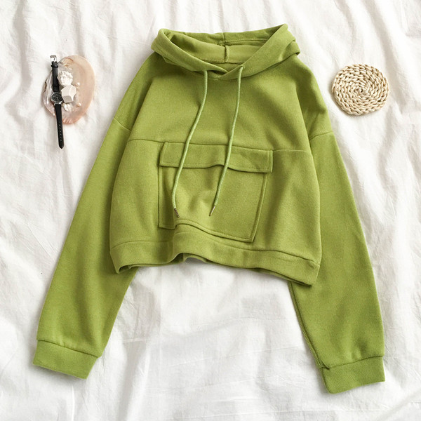 Bluză de damă în verde și galben, cu buzunar și glugă