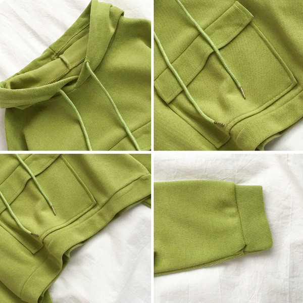 Bluză de damă în verde și galben, cu buzunar și glugă