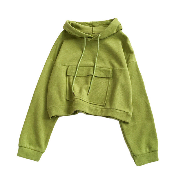 Bluză de damă în verde și galben, cu buzunar și glugă