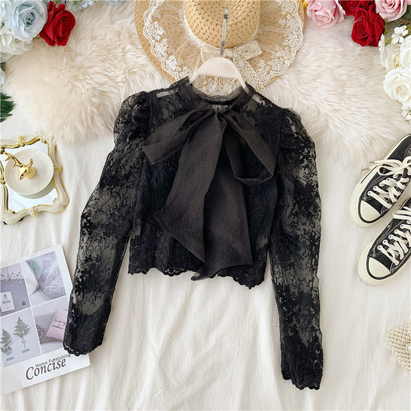 Camasa scurta de dama eleganta cu dantela si panglica in trei culori