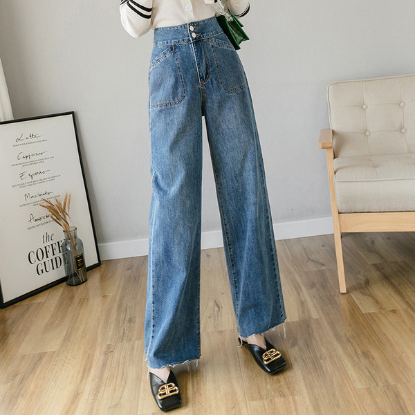 Blugi de dama actuali cu buzunare in albastru - talie inalta