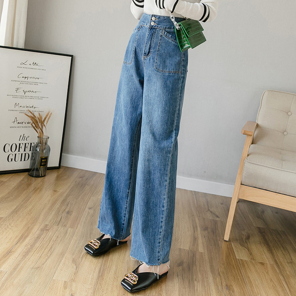 Blugi de dama actuali cu buzunare in albastru - talie inalta