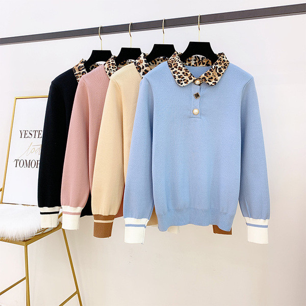 Női pulóver leopárd gallérral, négy színben